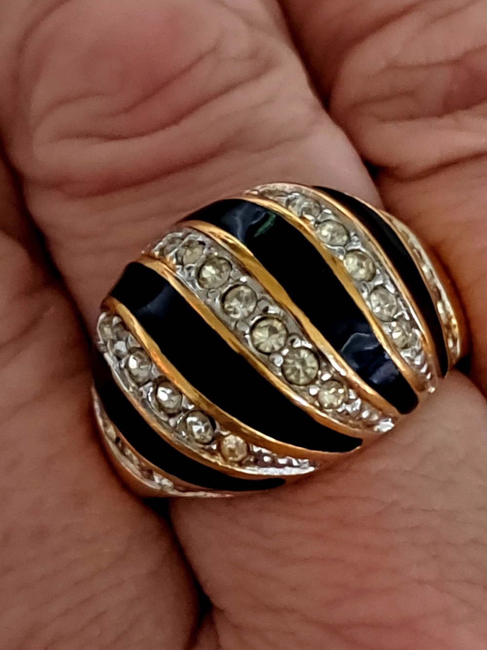 Gold-Tone Black Enamel and Crystal Dome Statement Ring - Women Jewelry